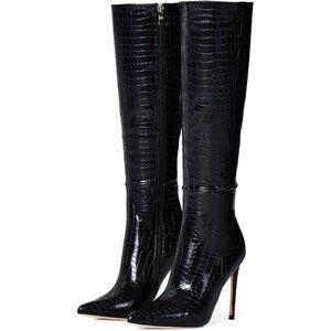 Women's Black Leather Suede  Knee High Stiletto Tall Pointed Toe Stylish Boot